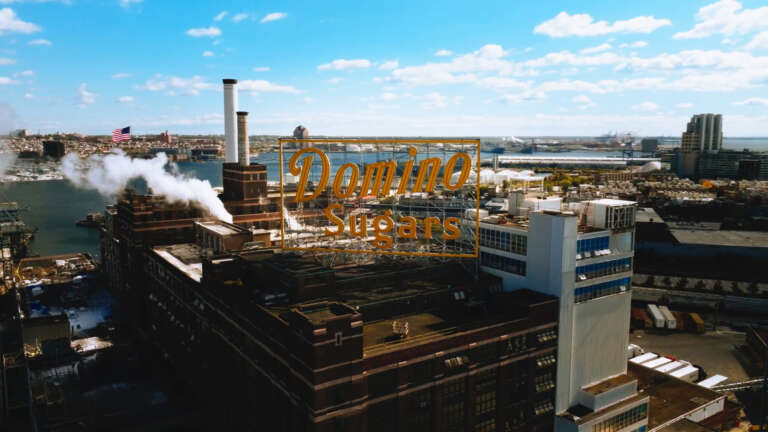 drone shot of dominos factory in baltimore, maryland