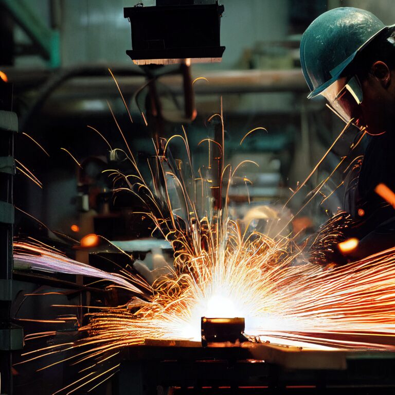 A welder wearing a protective mask and helmet captured in the process of welding