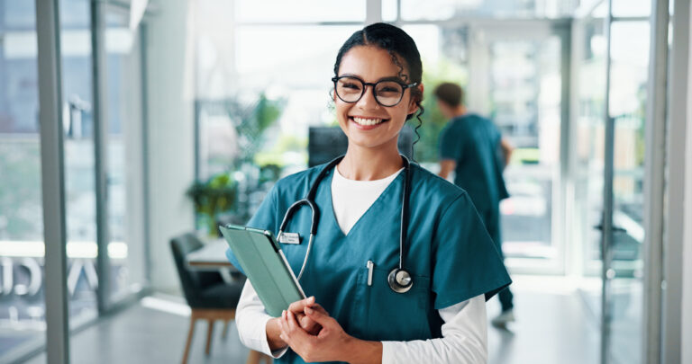 Nurse, woman and portrait with tablet in clinic for telehealth, online medical records or healthcar.