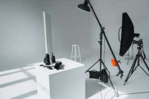 product photography setup with product and lights