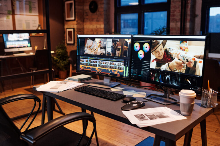 video editing computer workspace